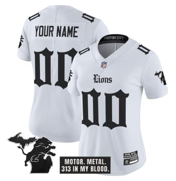 Women's Detroit Lions Active Player Custom White 2025 F.U.S.E. 'Gothic Motor Grit Edition' Vapor Limited Stitched Football Jersey(Run Small)